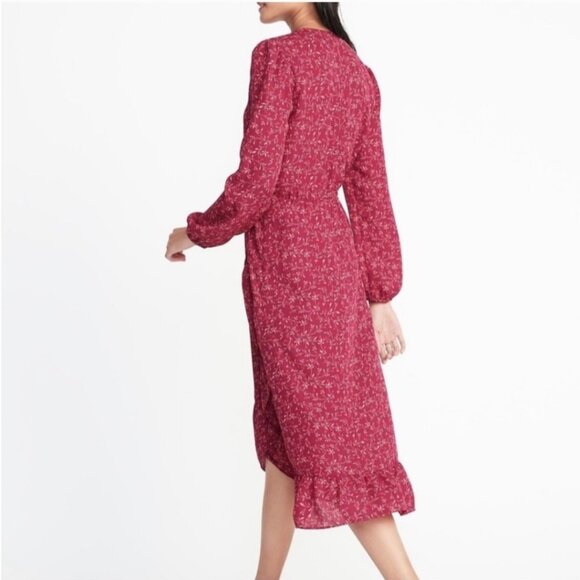 Old Navy Georgette Floral Faux Ruffle Fit & Flare Wrap V Neck Midi Dress - Picture 8 of 9